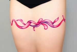 A watercolor-style garter tattoo with flowing ribbons in shades of pink and purple, blending seamlessly into the skin for a dreamy effect tattoo idea