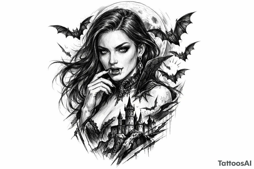 female vampire,bats,full moon. tattoo idea