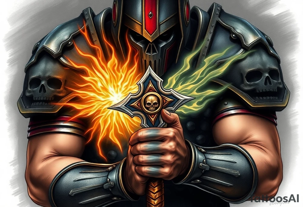 Warhammer, the Old World. A warrior priest of Sigmar holding The Warhammer of Sigmar. The Warhammer of Sigmar is radiating thunderous energy. The Warhammer is held by the warrior priest with both hands upon his chest level. The Warrior priest is wearing dark alloyed heavy armour (reference armor from warhammer vermintide 2 Victor Saltzpyres, the warrior priest of Sigmar class) with skull sigils on his shoulder pads. The warrior priest is wearing a helmet, while the helmets front visor has an humanoid face covering. The helmet and armour are gladened with hints of gold and crimson red. The Warhammer is silverish and golden with a long handle tattoo idea