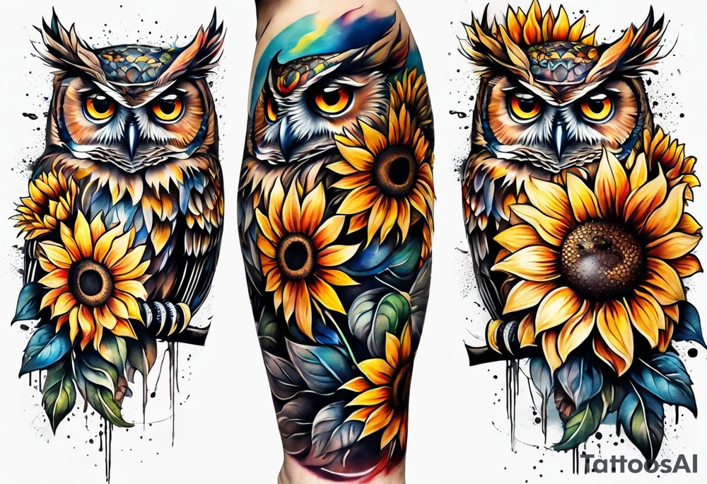 Leg sleeve with colorful sunflowers and an owl tattoo idea