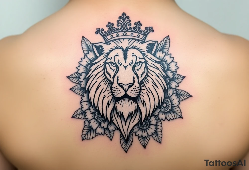 powerful majestic lion with a crown, surrounded by Hawaiian native animals tattoo idea