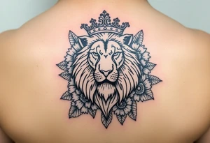powerful majestic lion with a crown, surrounded by Hawaiian native animals tattoo idea