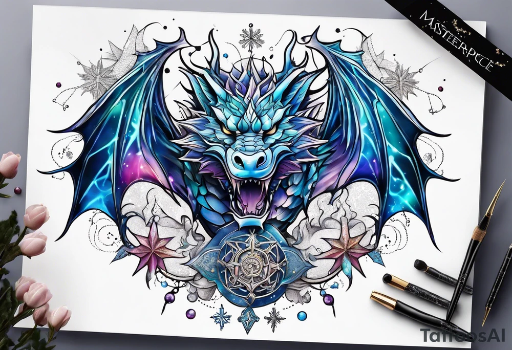 Constellation, dragon, snowflake tattoo idea