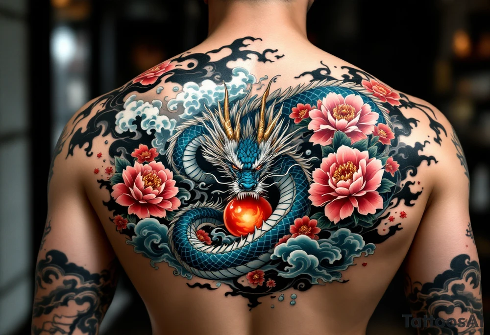 A traditional full-back irezumi tattoo featuring a majestic blue-scaled dragon with white whiskers and golden horns, coiled powerfully around a red and orange flaming pearl, surrounded by blooming pink chrysanthemums and deep red peonies, with waves of swirling black and grey wind bars, backgrounded by stormy clouds and stylized splashes of turquoise water that cascade down both arms and across the shoulders in dramatic motion. tattoo idea