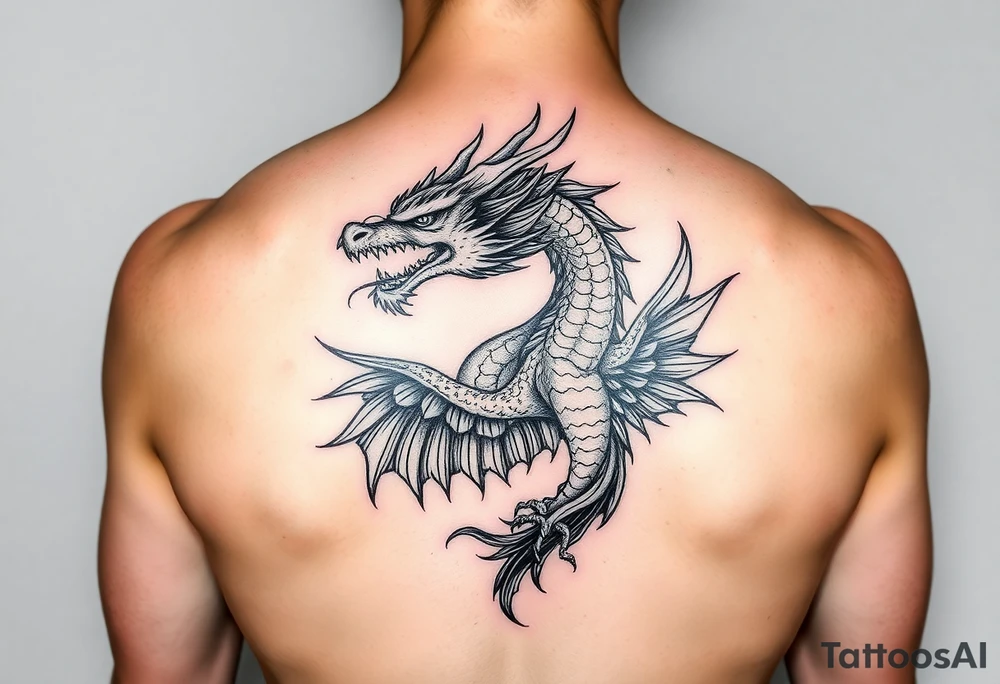 Dragons head at the top left of the chest with a phoenix below to the right tattoo idea