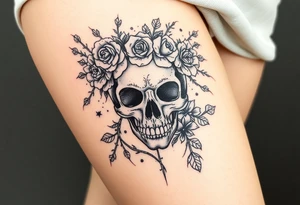 ornate skull adorned with crown of wild roses and thorns tattoo idea