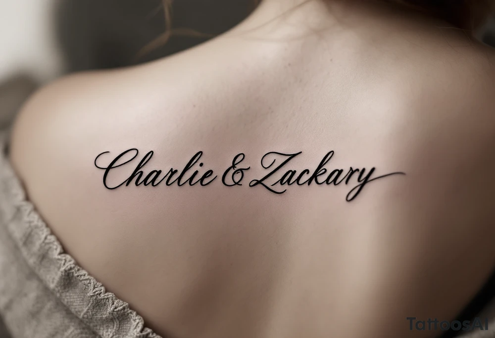 Create a delicate tattoo design that seamlessly integrates the names "Charlie" and "Zackary" in graceful, flowing cursive. Enclose the names within a softly stylized symbol that embodies strength and unity tattoo idea