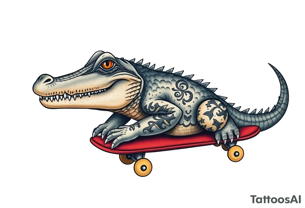 crocodile riding a skateboard with piercings and tattoos tattoo idea