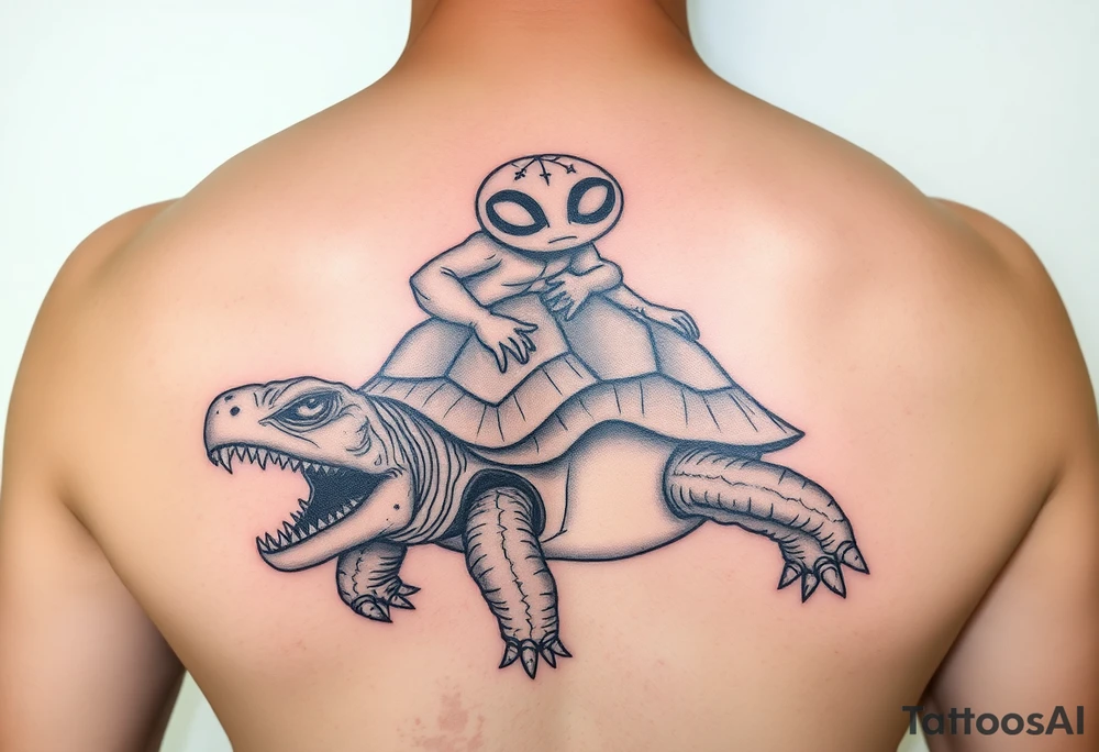 An insane creature with alien eyes riding a turtle who has a giant open mouth and long teeth tattoo idea