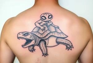 An insane creature with alien eyes riding a turtle who has a giant open mouth and long teeth tattoo idea