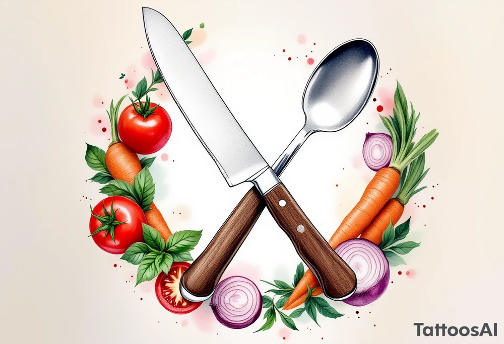 A realistic kitchen tattoo design showing a large silver kitchen knife with a dark brown wooden handle crossed over a shiny silver fork and spoon, all placed diagonally, surrounded by whole and sliced vegetables including bright red round tomatoes, leafy green basil, long orange carrots with green tops, and round purple onions with visible rings, all arranged in a circular wreath shape with a soft white background and subtle watercolor splashes of green, red, and orange for depth. tattoo idea