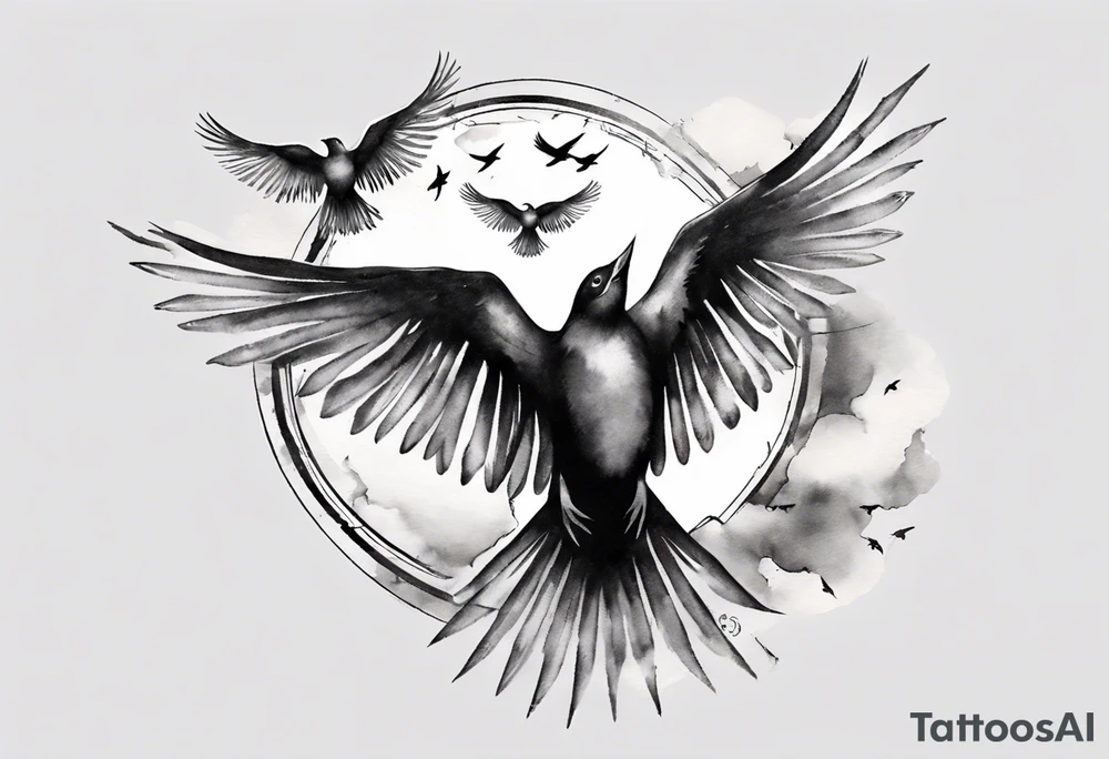 shoulder tattoo with light rays with birds flying free among the clouds, round shape, 3d effect tattoo idea