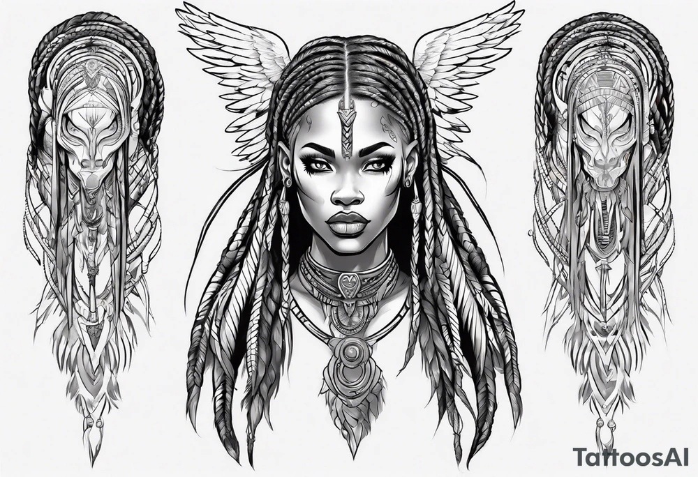 African female valkyre full body angelic
slim face long braided hair descending tattoo idea