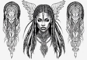 African female valkyre full body angelic
slim face long braided hair descending tattoo idea