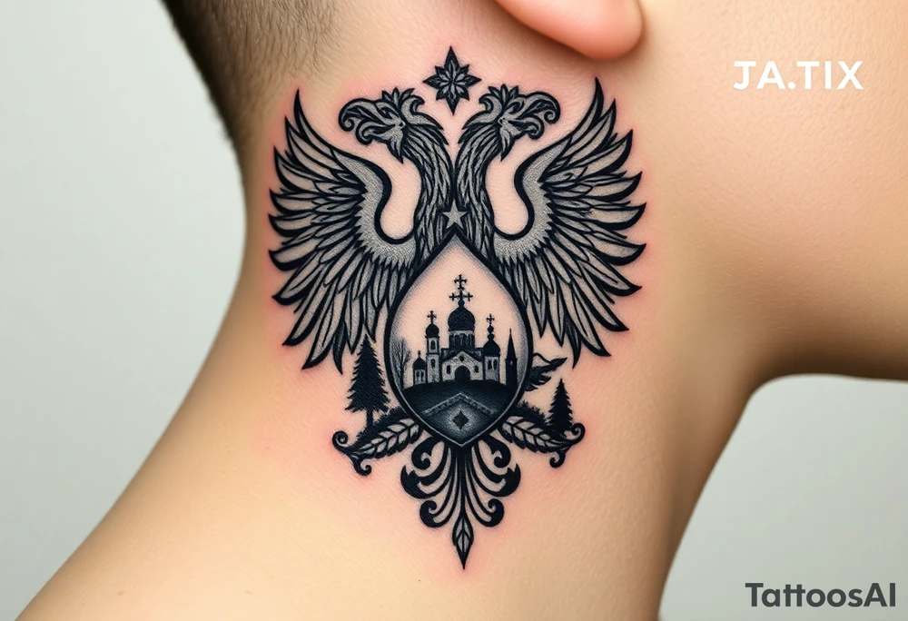 Traditional authentic Russian coat of arms with double headed eagle & a well shaded Christian orthodox Virgin Mary in the middle with silhouette of a lake in a Russian wilderness Christian orthodoxy dome church village setting on the side of my neck tattoo idea