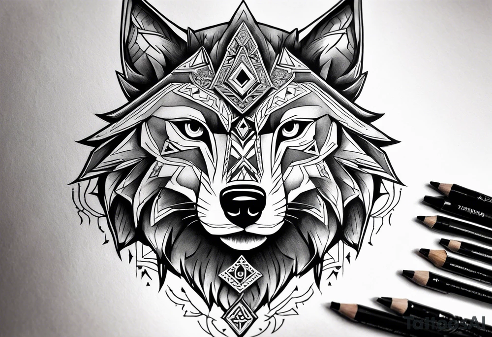 Legend of zelda link wolf in profile, in the center of his forhead is a diamond shape with a dot in the middle done in the style of black line work tattoo idea