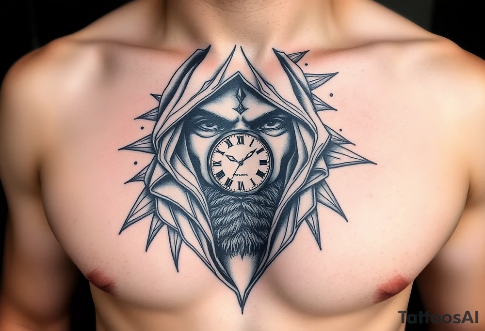 Un rostro masculino dividido en capas como una máscara que se rompe o se desvanece en viento o formas geométricas.

Dentro se ve un reloj o una brújula. tattoo idea