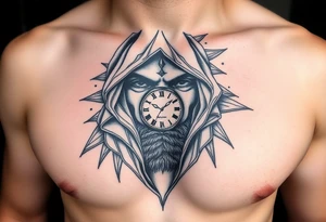 Un rostro masculino dividido en capas como una máscara que se rompe o se desvanece en viento o formas geométricas.

Dentro se ve un reloj o una brújula. tattoo idea