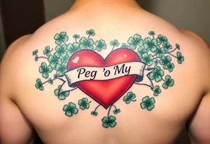 A ton of green shamrocks with a big red heart with a banner across the heart that says Peg 'o My Heart tattoo idea
