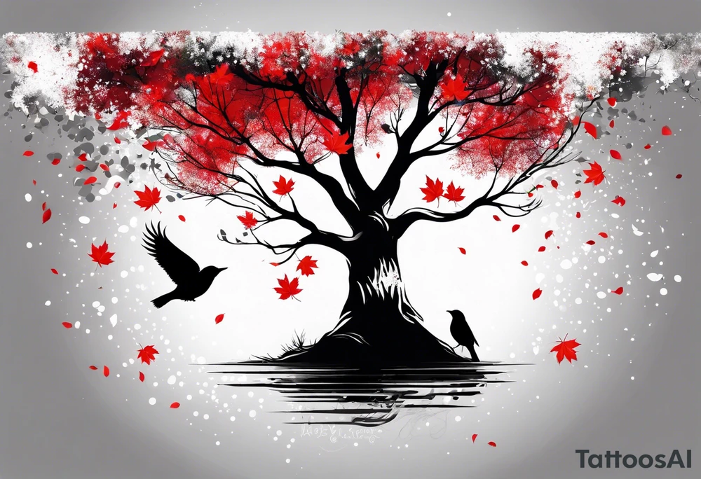 trash polka style. Arm tattoo. Long tattoo. large tattoo. Full sleeve. Shoulder. A single large maple tree with red autumn leaves that branches upwards from wrist to shoulder. White-throated dipper bird on the trees branches. Calluna flowers at the base of the trees stem. Tree stem has dark colors. Red/yellow sunset behind the trees stem. Leaves falling. tattoo idea