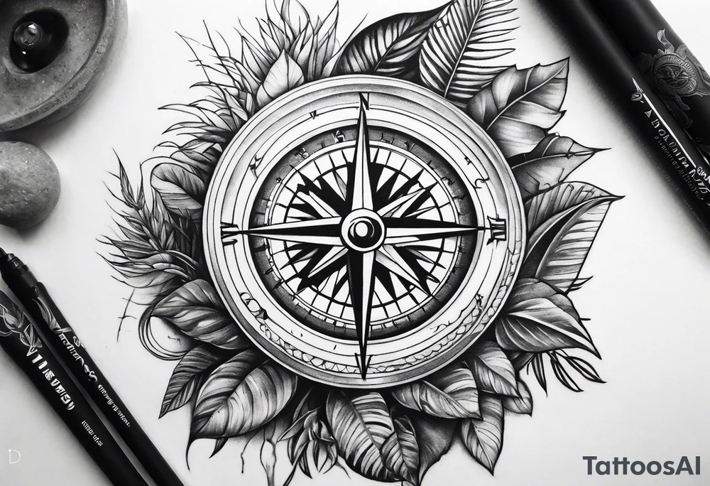 full sleeve tattoo, jungle plants, compass with eye inside compass tattoo idea