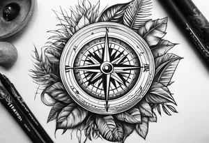 full sleeve tattoo, jungle plants, compass with eye inside compass tattoo idea