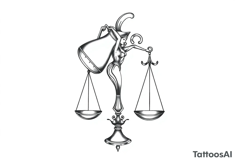 I want a tattoo that combines the Aquarius water bearer and the Libra scales. The water should flow elegantly from the jug, merging into or balancing the scales below. tattoo idea