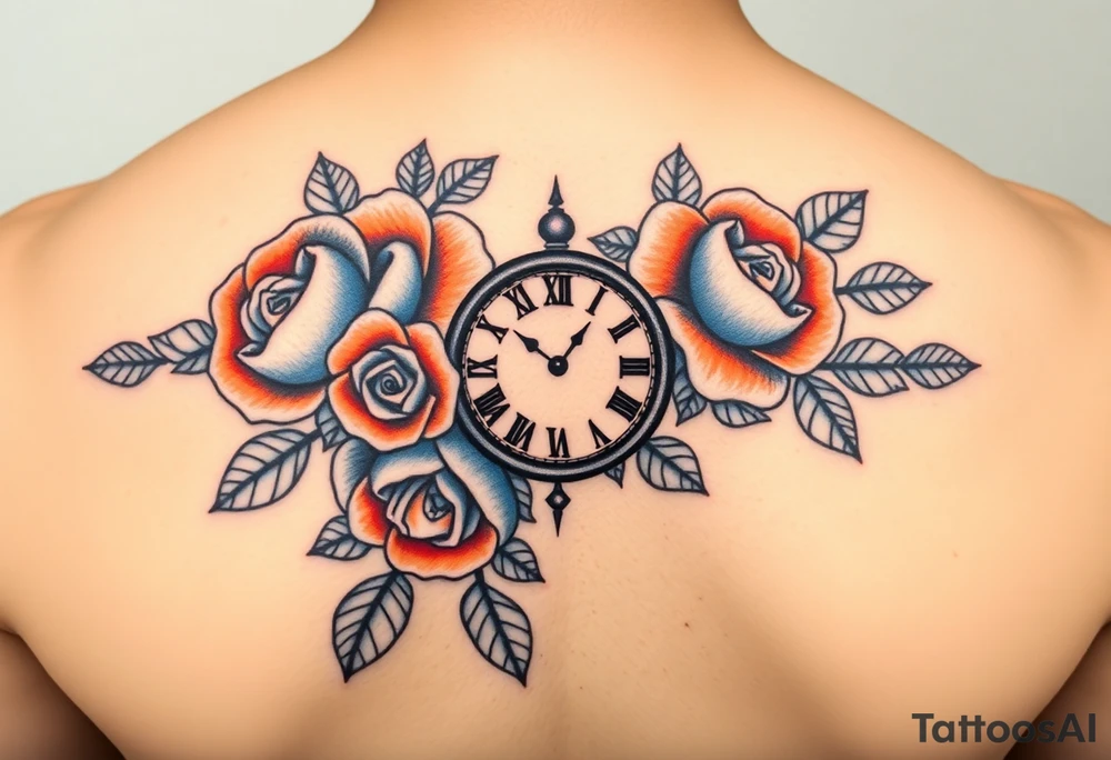 Blue and orange roses with a clock and name placeholder tattoo idea