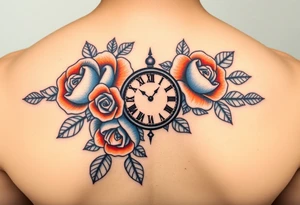 Blue and orange roses with a clock and name placeholder tattoo idea