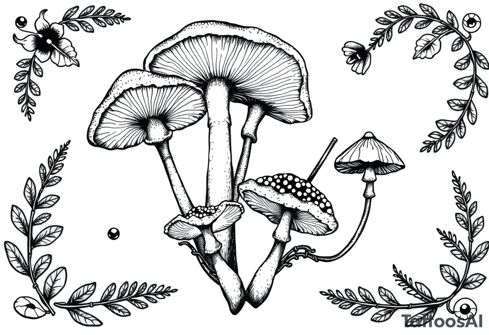 Vintage illustration neo traditional style mushrooms and ferns tattoo idea