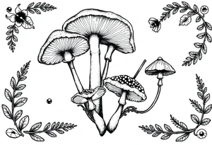 Vintage illustration neo traditional style mushrooms and ferns tattoo idea