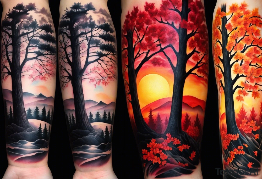 Arm tattoo. Long tattoo. Full sleeve. Shoulder. A single large maple tree with red autumn leaves that branches upwards from wrist to shoulder. White-throated dipper bird on the trees branches. Calluna flowers at the base of the trees stem. Tree stem has dark colors. Red/yellow sunset behind the trees stem. Leaves falling. tattoo idea
