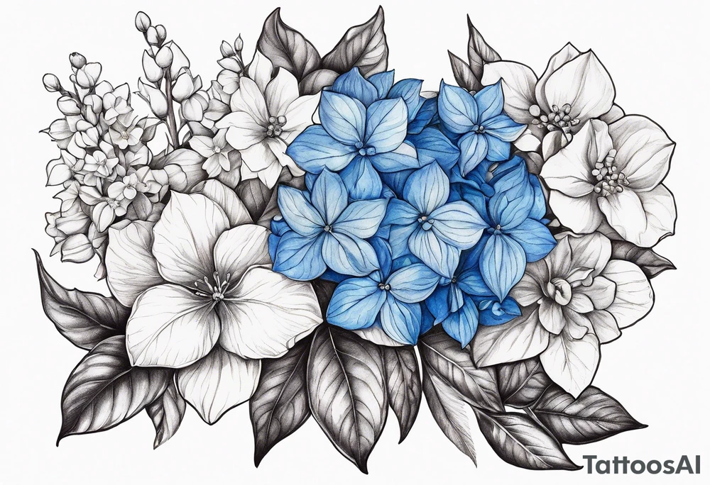 Blue Hydrangea with Narcissus, Poinsettia, Holly, Gladiolus, Poppy, Daisy, Sweet Pea floral bouquet tattoo idea