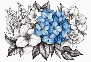 Blue Hydrangea with Narcissus, Poinsettia, Holly, Gladiolus, Poppy, Daisy, Sweet Pea floral bouquet tattoo idea