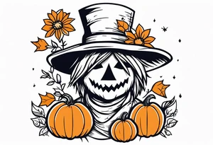 friendly scarecrow with pumpkins and flowers tattoo idea