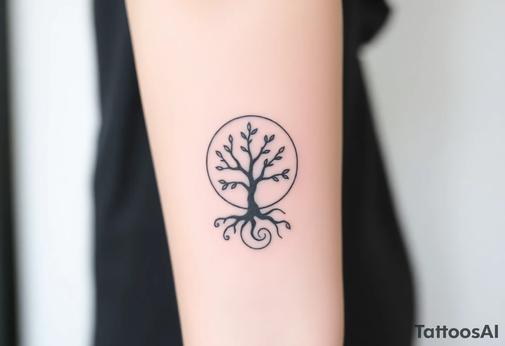 A tree inside of a sun, with few leaves, with an outward spiral line (moving to the right), as its roots, encircling the entire tree tattoo idea
