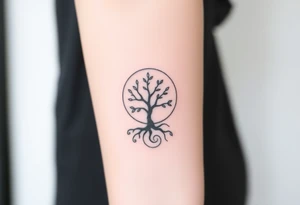 A tree inside of a sun, with few leaves, with an outward spiral line (moving to the right), as its roots, encircling the entire tree tattoo idea