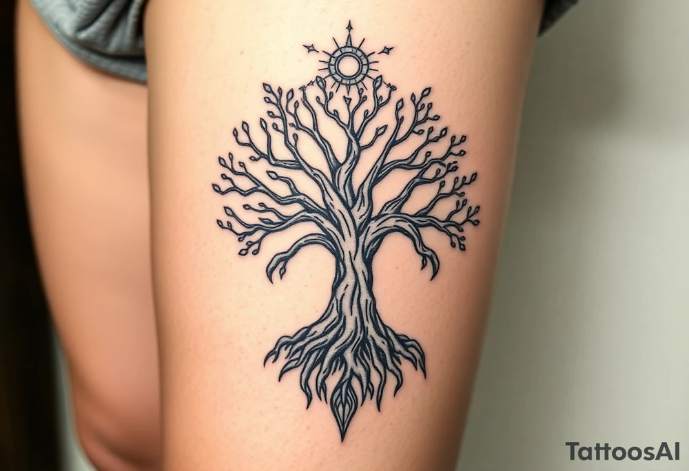 mystical tree of life with cosmic roots and celestial branches tattoo idea