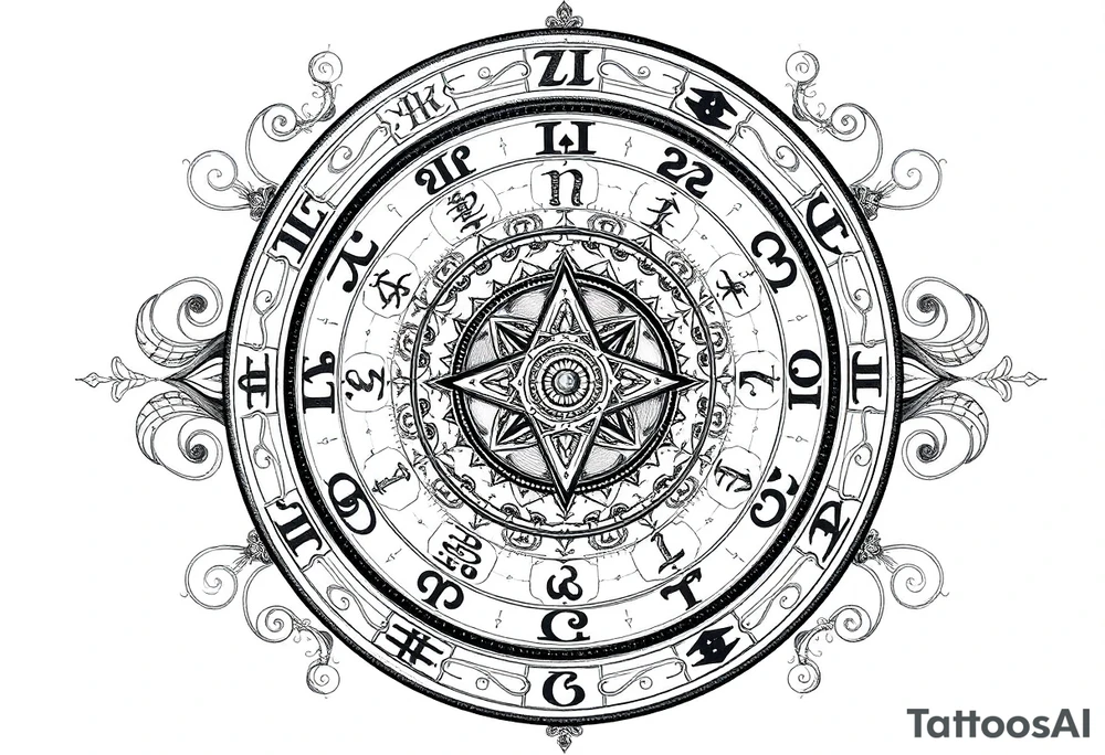 zodiac symbols runes within ornate clockwork mechanism tattoo idea