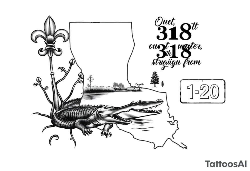 Louisiana state outline with fleur-de-lis, a bayou with a gator and trees , the 318 area code and and quote that says  Out the dirt, out the water, straight from 318 , a sign that says I-20 tattoo idea