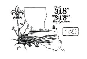 Louisiana state outline with fleur-de-lis, a bayou with a gator and trees , the 318 area code and and quote that says  Out the dirt, out the water, straight from 318 , a sign that says I-20 tattoo idea