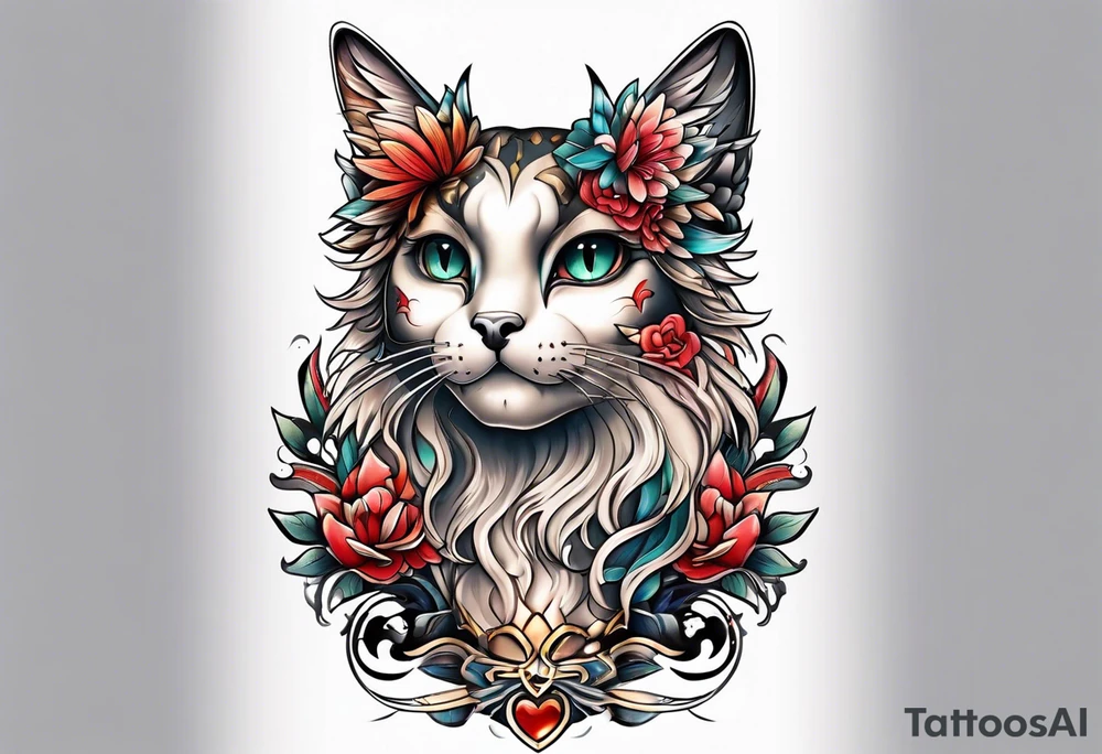 Calf tattoo of an angel cat tattoo idea