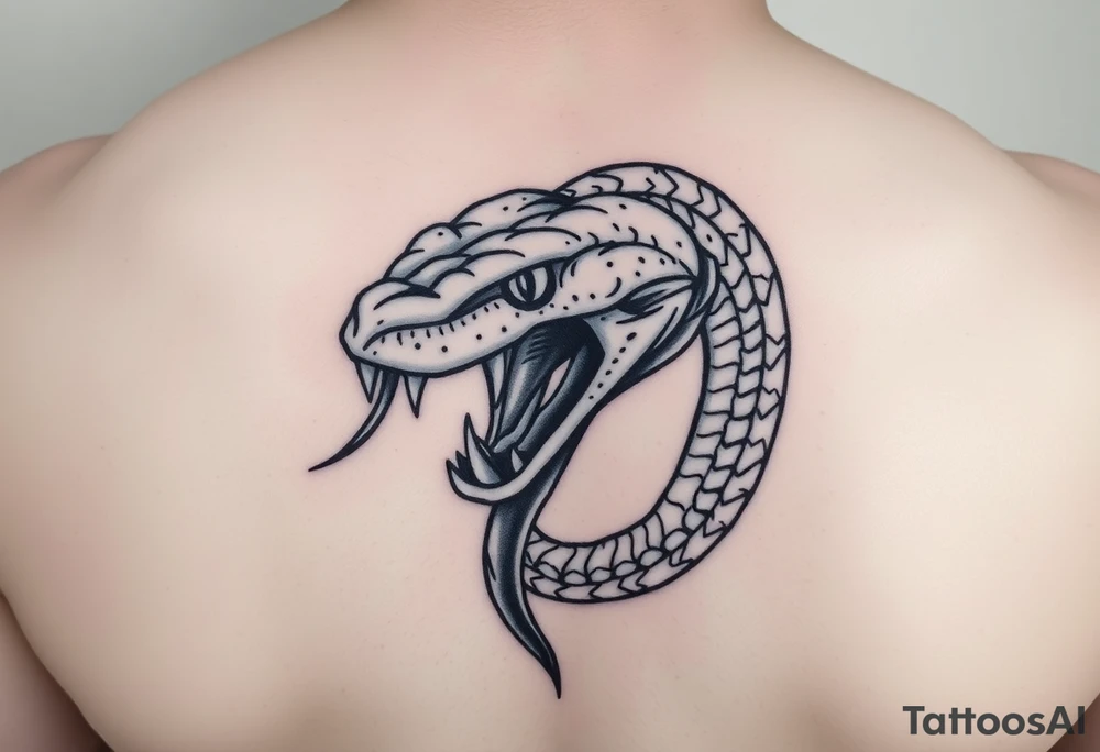 A dangerous snake it has a wide shaped cobra head with a mouth full of sharp teeth and long fangs like a sab tattoo idea