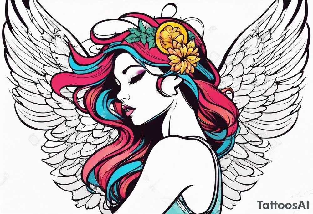comic book style art, girl angel side profile, with wings, with floating halo, anime style tattoo idea