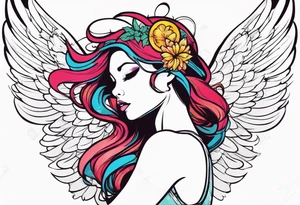 comic book style art, girl angel side profile, with wings, with floating halo, anime style tattoo idea
