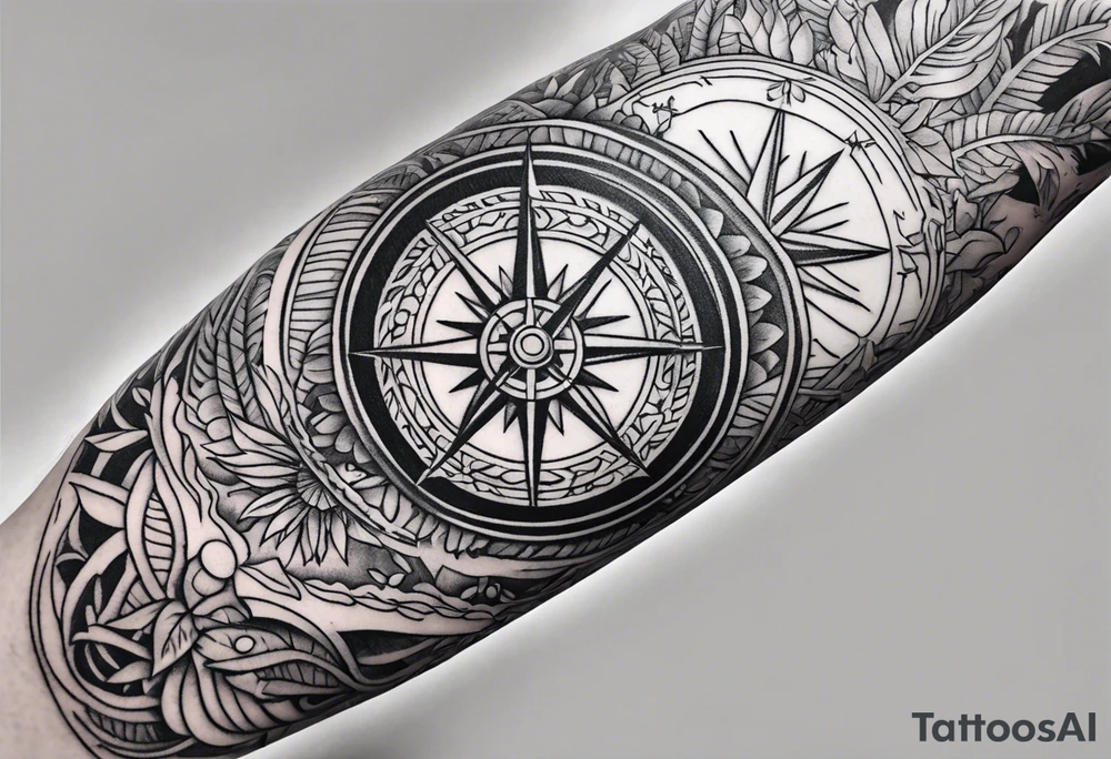 arm sleeve tattoo with Viking compass and all-seeing eye surrounded by jungle plants tattoo idea