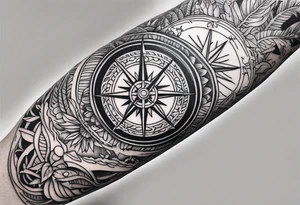 arm sleeve tattoo with Viking compass and all-seeing eye surrounded by jungle plants tattoo idea