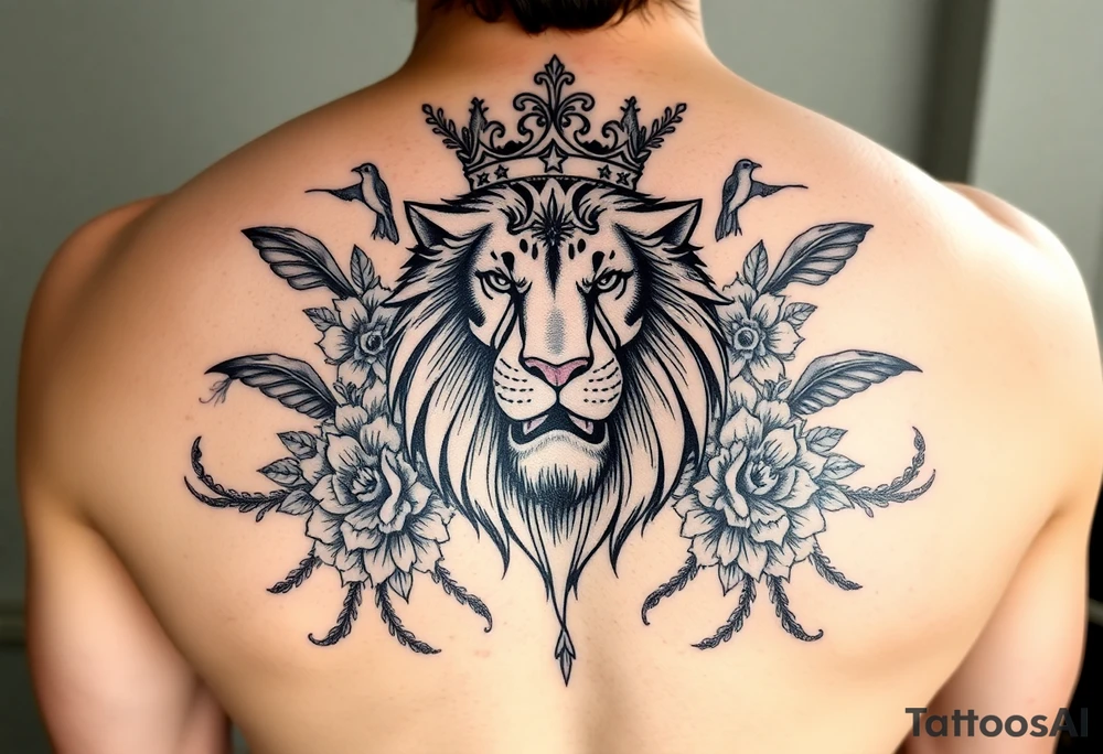 powerful majestic lion with a crown, surrounded by floral ornaments and birds tattoo idea
