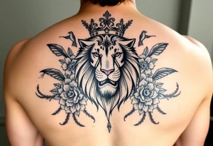 powerful majestic lion with a crown, surrounded by floral ornaments and birds tattoo idea