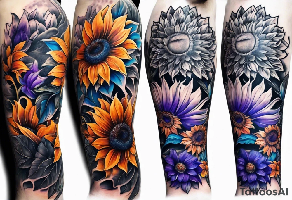 Full leg sleeve with purple, orange and blue sunflowers tattoo idea
